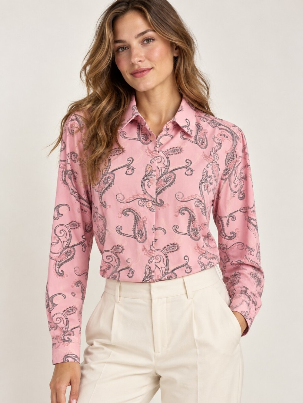 Vintage Paola Pink Paisley Button Down Shirt Size 8 Retro Blouse